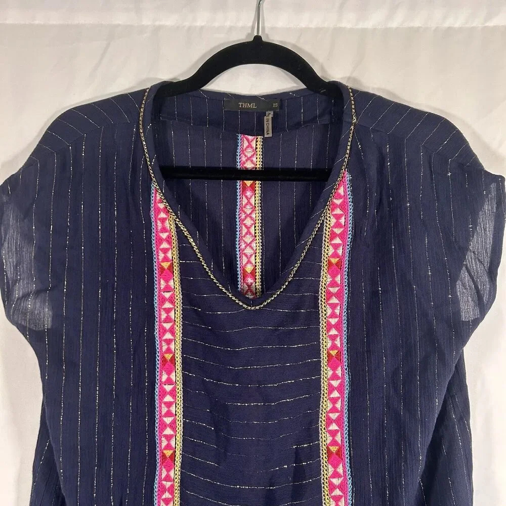 THML Top Women's XS Blue Striped Gold Vneck Lightwieght Rayon - Picture 2 of 10